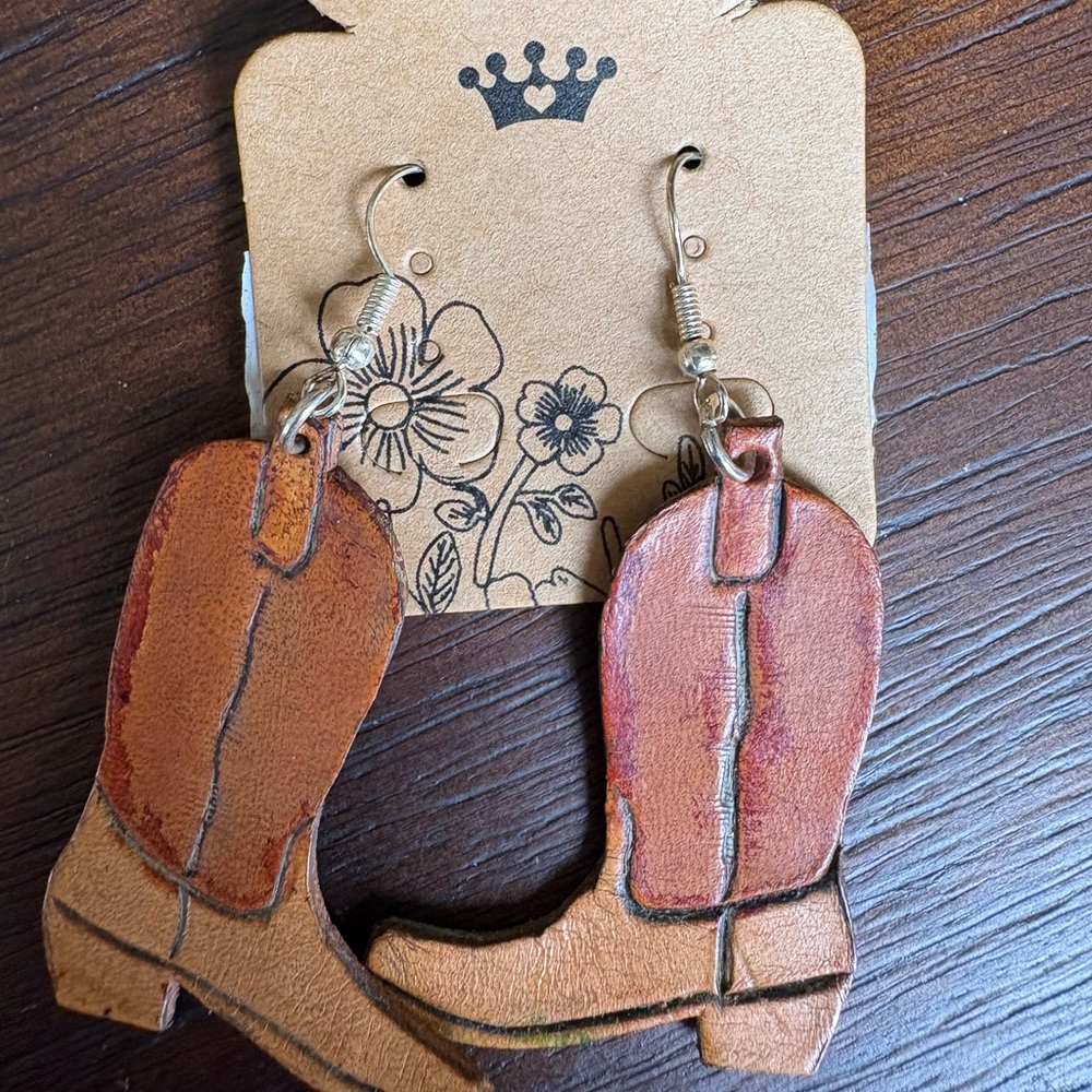 Western Cowboy Boots Dangle Leather Earrings Brown Country Western Brand New